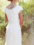 Country A-Line Wedding Dresses V-Neck Lace Tulle Cap Sleeve Plus Size Bridal Gowns with Sweep Train