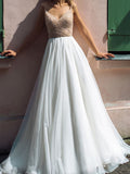 Country A-Line Wedding Dresses V-Neck Tulle Sequined Sleeveless Plus Size Bridal Gowns with Sweep Train