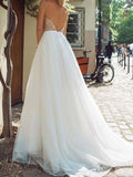 Country A-Line Wedding Dresses V-Neck Tulle Sequined Sleeveless Plus Size Bridal Gowns with Sweep Train