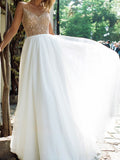 Country A-Line Wedding Dresses V-Neck Tulle Sequined Sleeveless Plus Size Bridal Gowns with Sweep Train