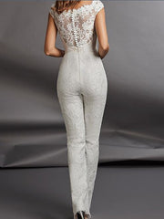 Country Jumpsuits Wedding Dress Jewel Detachable Lace Tulle Cap Sleeve Plus Size Bridal Gowns