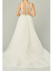 Country Plus Size A-Line Wedding Dress Jewel Lace Tulle Sleeveless Sexy See-Through Bridal Gowns with Sweep Train