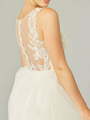 Country Plus Size A-Line Wedding Dress Jewel Lace Tulle Sleeveless Sexy See-Through Bridal Gowns with Sweep Train