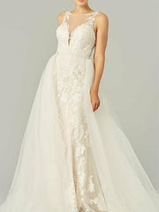 Country Plus Size A-Line Wedding Dress Jewel Lace Tulle Sleeveless Sexy See-Through Bridal Gowns with Sweep Train