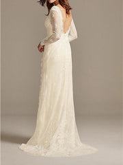 Country Plus Size A-Line Wedding Dress V-neck Lace Satin Long Sleeve Bridal Gowns