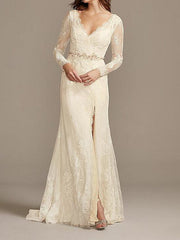 Country Plus Size A-Line Wedding Dress V-neck Lace Satin Long Sleeve Bridal Gowns