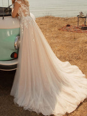 Country Plus Size A-Line Wedding Dress V-neck Lace Tulle Jersey Long Sleeve Bridal Gowns with Sweep Train