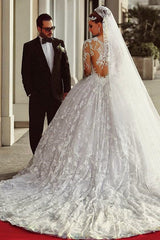Court Train Lace Charming Wedding Dresses Long Sleeve Bridal Ball Gowns