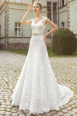 Crystal Beading Lace Bridal Gowns Court Train V Neck Royal Wedding Dress