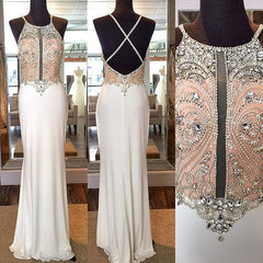 Crystal Sheath Floor Length Evening Dresses Crossed Back Beading Party Gowns