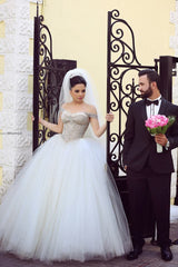 Crystal White Tulle Long Ball Gown Wedding Dress with Beadings Off Shoulder Elegant Formal Bridal Gowns