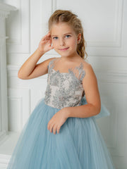 Cute Blue Sleeveless Ball Gown Flower Girls Dress With Beads