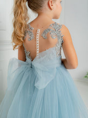 Cute Blue Sleeveless Ball Gown Flower Girls Dress With Beads