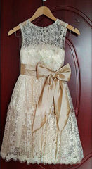 Cute Champagne Lace Flower Girl Dress with Bowknot New Arrival A-Line Wedding Dress