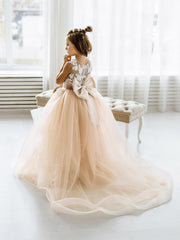 Cute Dusty Rose Puffy Lace Appliqued Sleeveless Flower Girl Dresses