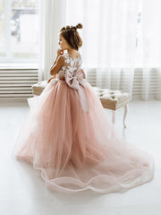 Cute Dusty Rose Puffy Lace Appliqued Sleeveless Flower Girl Dresses