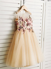 Cute Jewel Tulle Lace Satin Sleeveles Flower Girl Dress On Sale