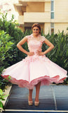 Cute Pink Lace Tea Length Wedding Dress with Flowers A-Line New Tulle Custom Made Prom Dresses