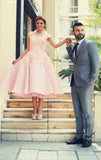 Cute Pink Lace Tea Length Wedding Dress with Flowers A-Line New Tulle Custom Made Prom Dresses