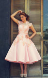 Cute Pink Lace Tea Length Wedding Dress with Flowers A-Line New Tulle Custom Made Prom Dresses