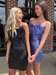 Cute Sequins Feathers Strapless Sleeveless Short Prom Dresses