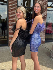 Cute Sequins Feathers Strapless Sleeveless Short Prom Dresses