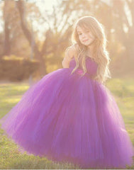 Cute Strapless Purple Long Flower Girl Dresses Popular Floor Length Tulle Girl Dress