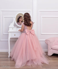 Cute Tulle Beadings Cap Sleeves Flower Girl Dress with Bow Online