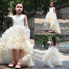 Cute V-Neck Organza Princess Girl Dress Bowknot Hi-Lo Sleeveless Flower Girl Dresses