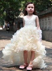 Cute V-Neck Organza Princess Girl Dress Bowknot Hi-Lo Sleeveless Flower Girl Dresses