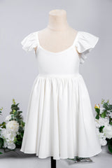 Cute White Ruffle Sleeves Flower Girl Dress Pleated A-line Little Girl Dress for Wedding Party