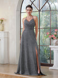 Fabulous A-Line Polyester Lurex Fabric V-Neck Sleeveless Darkbrown Prom Dress With Zipper Pocket Split Front