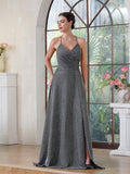 Fabulous A-Line Polyester Lurex Fabric V-Neck Sleeveless Darkbrown Prom Dress With Zipper Pocket Split Front