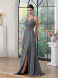 Fabulous A-Line Polyester Lurex Fabric V-Neck Sleeveless Darkbrown Prom Dress With Zipper Pocket Split Front