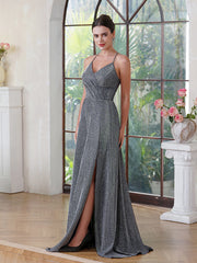 Fabulous A-Line Polyester Lurex Fabric V-Neck Sleeveless Darkbrown Prom Dress With Zipper Pocket Split Front