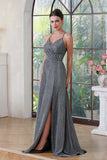 Deluxe Sequined V-Neck Spaghetti Straps Sleeveless A-Line Prom Dresses with Slit