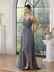 Fabulous A-Line Polyester Lurex Fabric V-Neck Sleeveless Darkbrown Prom Dress With Zipper Pocket Split Front