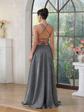 Fabulous A-Line Polyester Lurex Fabric V-Neck Sleeveless Darkbrown Prom Dress With Zipper Pocket Split Front