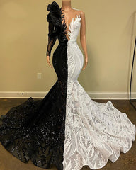 Black and White Mermaid Prom Dress Lace Dress One Shoulder Long Sleeves