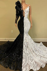 Black and White Mermaid Prom Dress Lace Dress One Shoulder Long Sleeves