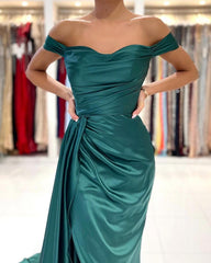 Dark Green Off-the-Shoulder Mermaid Prom Dress Ruffles Long With Split