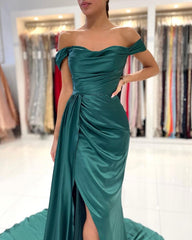 Dark Green Off-the-Shoulder Mermaid Prom Dress Ruffles Long With Split