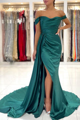 Dark Green Off-the-Shoulder Mermaid Prom Dress Ruffles Long With Split