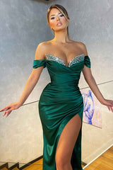 Dark Green Sexy Off-the-shoulder Sleeveless Satin Floor-Length Prom Dresses with Ruffles