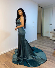 Dark Green Simple V-neck Long Mermaid Prom Dresses