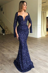 Dark Navy Crystal Half-Sleeves Prom Dresses | Mermaid Sweetheart Shiny Evening Dresses