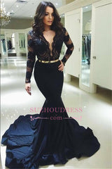 Dark Navy Lace V-Neck Prom Dresses | Sexy Long-Sleeves Mermaid Evening Dress