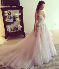 Deep V Neck Sexy Pink Wedding Dresses Sleeveless Tulle Wedding Reception Dress with Flowers