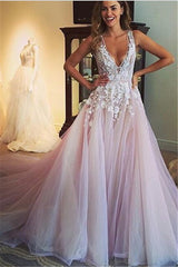 Deep V Neck Sexy Pink Wedding Dresses Sleeveless Tulle Wedding Reception Dress with Flowers