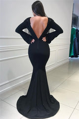 Deep V-neck Open Back Black Prom Dresses | Mermaid Long Sleeve Beads Tassels Evening Gown